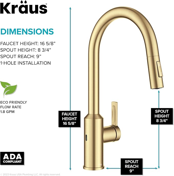 Kraus Oletto Kitchen Faucets Touchless Sensor Single Handle Pull-Down Sprayer in Brushed Brass, KSF-2830BB