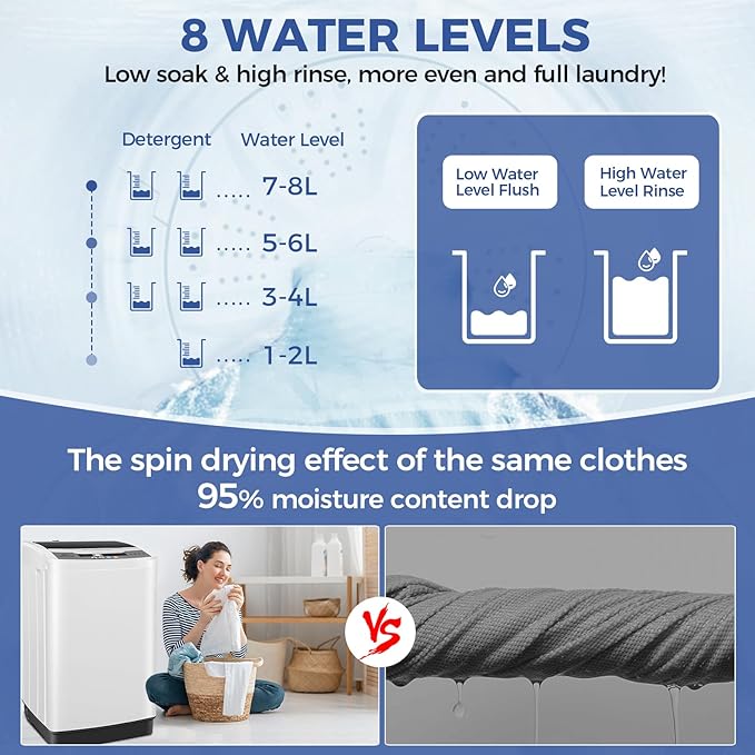 Nictemaw Portable Washing Machine 20Lbs Portable Washer Machine with Drain Pump, 2.8 Cu.ft Compact Washer with 10 Programs 8 Water Levels Small Washing Machine for Apartment, Home, Dorms, Rv