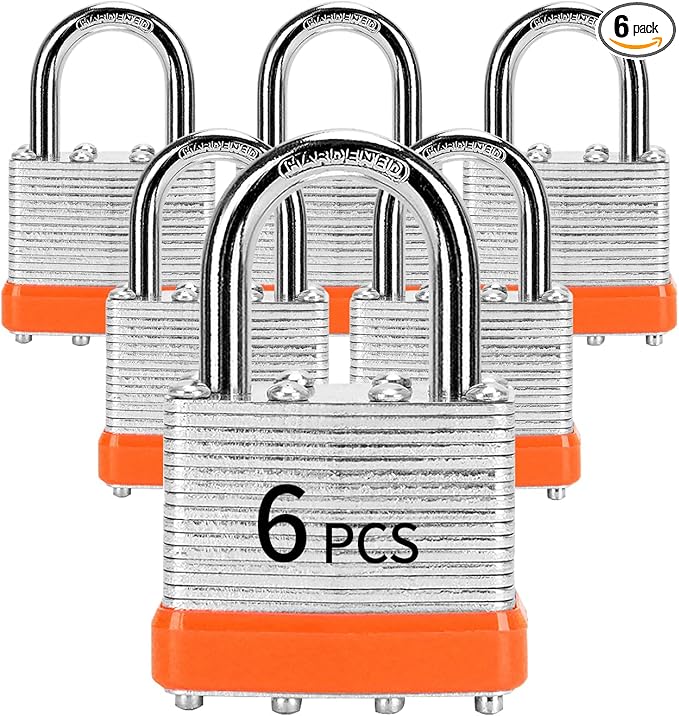 Padlocks with Same Key, LQYN 6 Pcs Laminated Keyed Padlock (1-9/16", 40mm), Keyed Alike Locks, Normal Shackle, for Storage Locker, Hasp Latch, Toolbox, Sheds