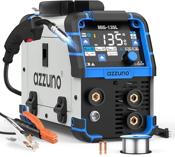 AZZUNO MIG Welder 135Amp 110V, 3 in 1 Gasless Flux Core MIG Welder/Lift TIG/Stick Welding Machine, Wire Feed Welder with Synergic Control