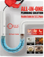 20V Cordless Electric Drain Snake, 25Ft Replaceable Cable with 2.0Ah Battery & Fast Charger, Storage Bag & Gloves, Snake Drain Hair Removal Tool with LED Light for Sink&Sewer 3/4"-2" Pipe