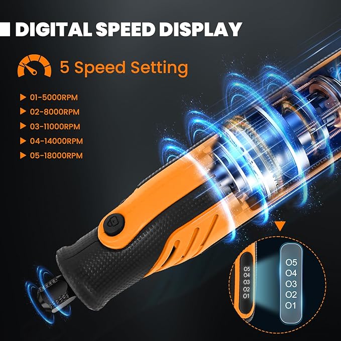HARDELL Rotary Tool, 4V Mini Cordless Rotary tool Kit con 5 Speed Display, Rechargeable Rotary tool Set with 69 Accessories for Sanding, Grinding, Engraving, Polishing, Drilling, Cutting, DIY Crafting