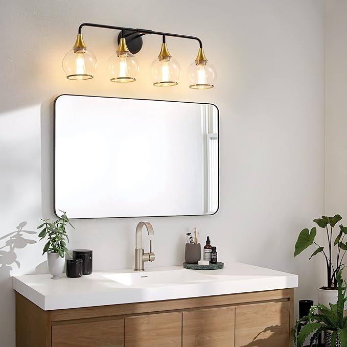 Black and Gold Bathroom Vanity Light 4-Light Bathroom Vanity Light Fixtures Over Mirror with Clear Glass Shade 30.7 inch Wall Sconce Lighting Bath(Exclude E26 Bulb)