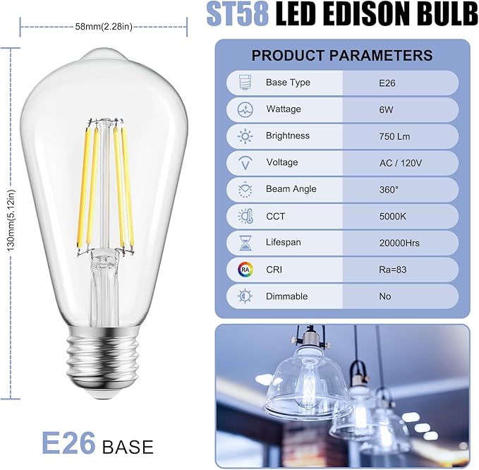Brightown 4 Pack LED Edison Bulbs, 6W, Equivalent 60W, High Bright 5000K White,750 Lumens, Non-Dimmable, E26 Medium Base ST58 Antique Filament Bulbs with 83+ CRI for Ceiling Fan Bathroom Porch