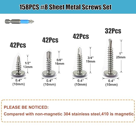 QSJ 158PCS #8 Sheet Metal Screws Set 410 Stainless Steel Truss Head Fast Self Tapping Screws with Screwdriver Bit Silver