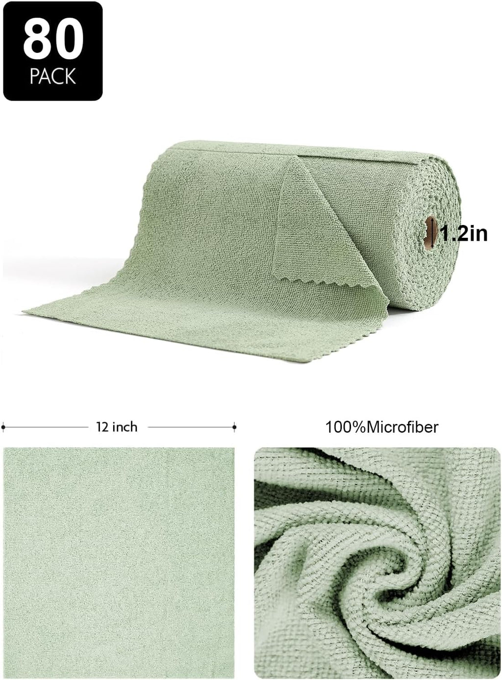 80 Pack Microfiber Cleaning Cloth Roll,Lint Free Rags & Tear Away Reusable Towels Washable Scratch,Ultra Absorbent Dish Rags(12" x 12") for Car Kitchen Home Garage-Green