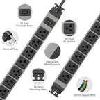 JUNNUJ Heavy Duty Power Strip Wall Mount, 20 Amp Surge Protector 1200J Metal 8 Outlet Under Desk Mounted 20A, Garage Power Bar Table Socket Industrial Outlets 6-20R T-Slot, 10FT 12AWG Extension Cord