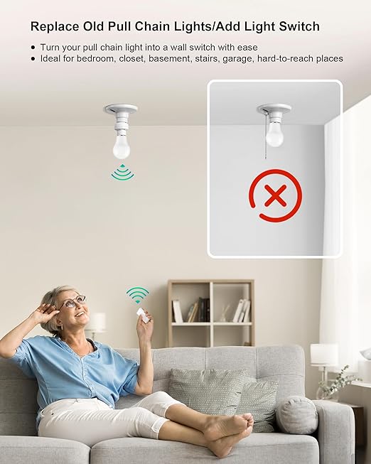 Remote Control Light Bulb Socket, Decorator Rocker Wall Switch, 200FT Range Wireless Light Switch for Pull Chain Light Fixture, E26 E27 Base, No Wiring Needed (2 Wall Switches and 1 Socket)