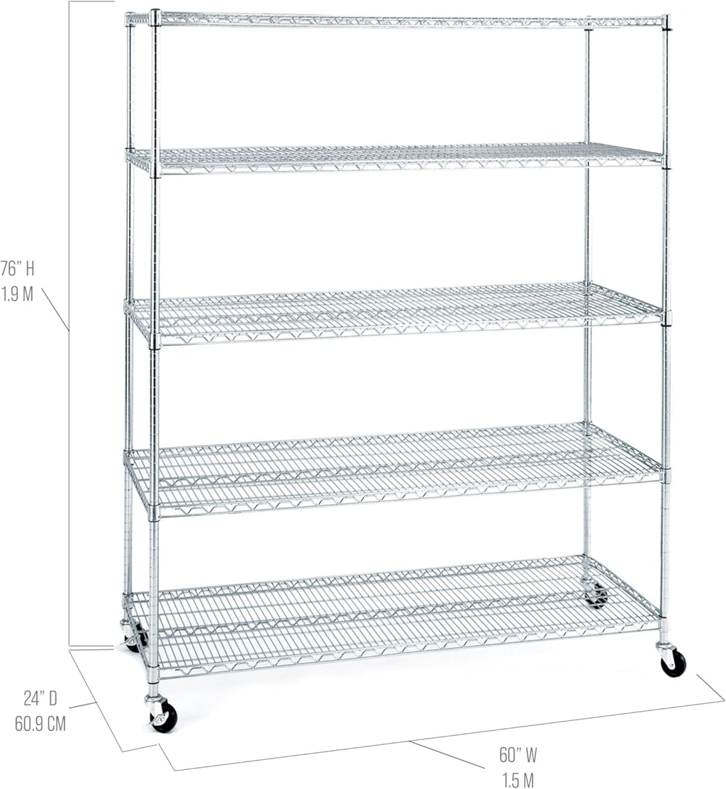 Seville Classics UltraDurable Heavy Duty NSF Solid Steel Wire Rack Storage Unit Wheels, 5-Tier Shelving, 60" W x 24" D