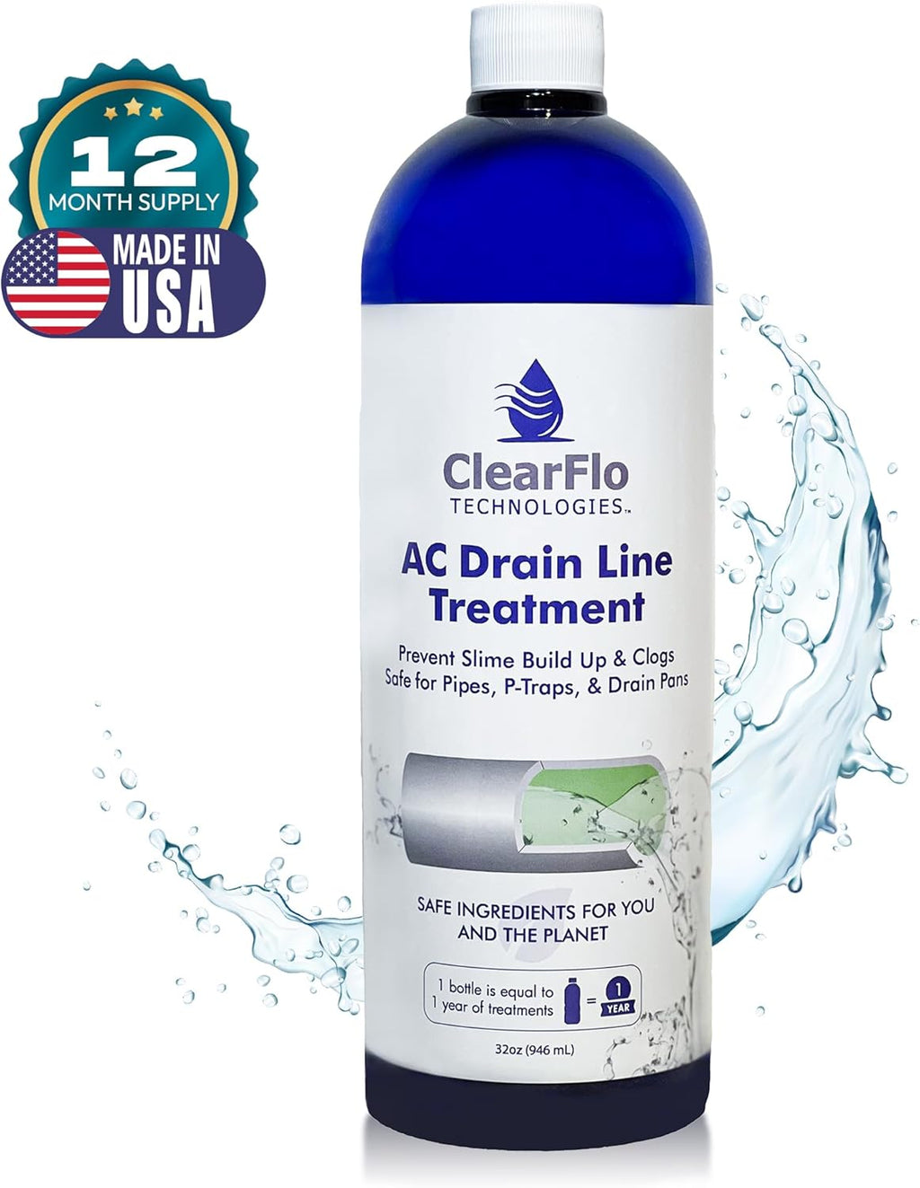 AC Drain Line Treatment 32 oz | Up to 1 Year Supply | Chlorine Free Non Toxic Formula with Natural Tea Tree Oil | Simple 3 Ingredient Solution | Safe for Homes and Institutions