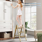 GameGem 3 Step Ladder, Aluminum Folding Step Stool with Anti-Slip Sturdy and Wide Pedal, Lightweight Portable Stepladder for Home and Kitchen Use Space Saving, Gold, 330 lbs