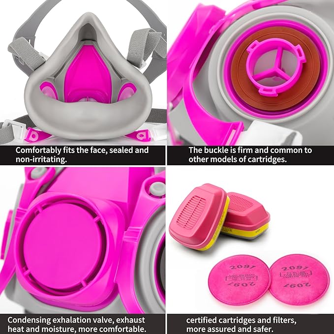 RANKSING Respirator Mask with Filters and Glasses to Against Dust Gases Fumes in Painting Spraying Sanding Orange/Pink