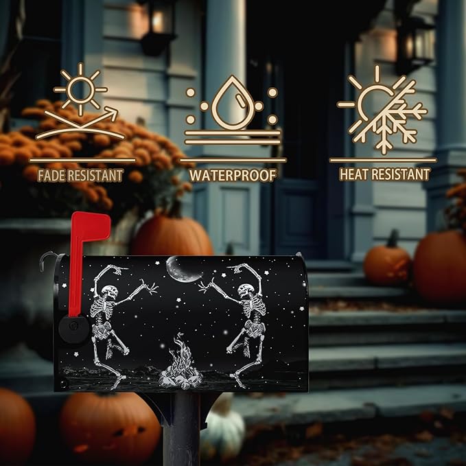 Halloween Skull Mailbox Cover Oversized Dancing Human Skeleton Mailbox Covers Magnetic Large Size 25.5x21 Inch Moon Black Post Letter Box Wraps for Garden Outdoor Decorations