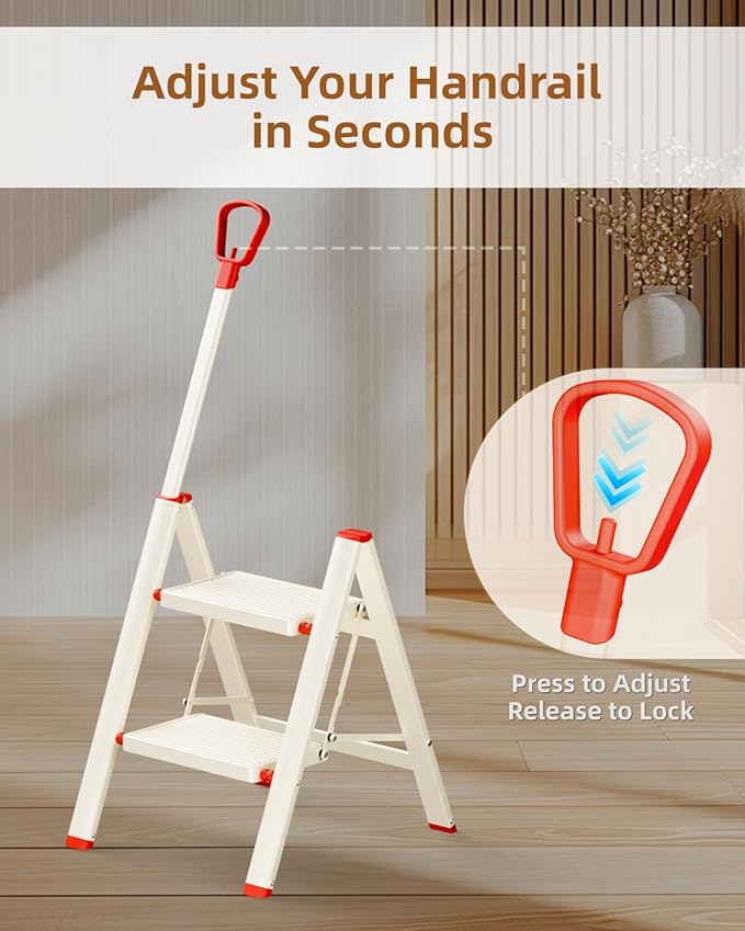 ASPERALD 2 Step Ladder with Single-Handrail,Foldable Step Stool with Anti-Slip Wide Pedals for Home Kitchen Closet,Lightweight Step Folding White