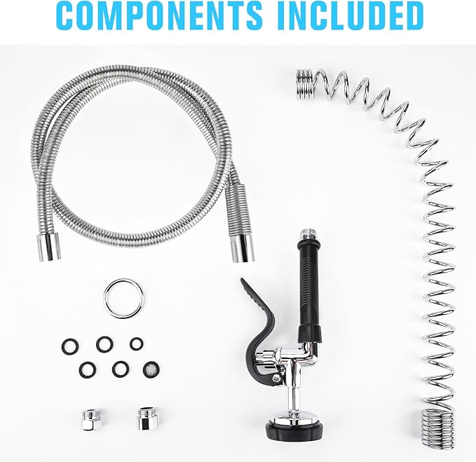 Spray Valve with 60" Flexible Stainless Steel Hose & Pre-Rinse Overhead Spring, Commercial Faucet Flexible Hose with Spray Head Replacement Kit for Commercial Restaurant Industrial Kitchen Sink Faucet