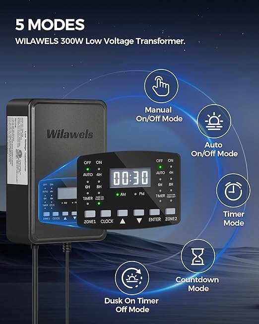 300W Low Voltage Landscape Transformer, 2 Zone Independent Control Landscape Lighting Transformer, 120VAC to 12/14V AC Low Voltage Transformer with Timer & Photocell Sensor ETL Listed D22LT06