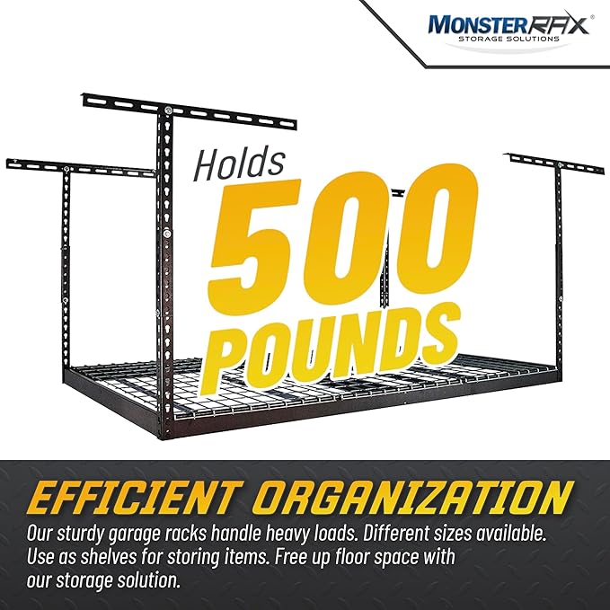 MonsterRax Overhead Garage Storage Racks 4x6, Ceiling Mounted Shelving, Adjustable Hanging Storage Organizer, Heavy Duty Steel, Holds 500 Pounds, Color: Hammertone, Adjusts 12"-21” off Ceiling