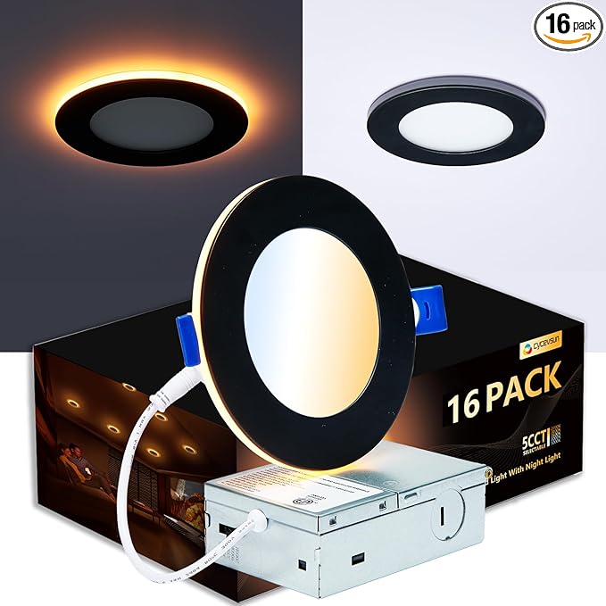 CycevSun 16 Pack Black Recessed Lights 4 Inch with Night Light, Canless Ultra Thin Wafer Soffit Downlight with Junction Box, Dimmable & 5 Color Selectable, 9W, ETL & Energy Star