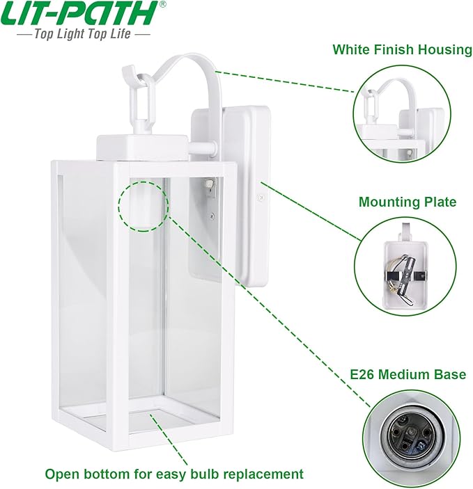 LIT-PaTH Outdoor Wall Lantern, Wall Sconce as Porch Lighting Fixture, E26 Medium Base Max 60W, Anti-Rust Metal with Glass Shade, White, 2-Pack