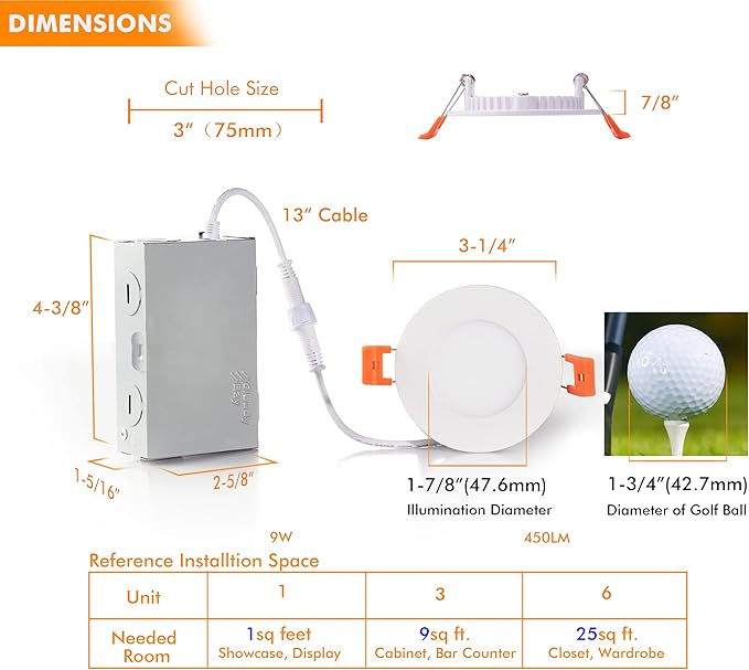 CLOUDY BAY 3 inch 5 Color Ultra Thin LED Recessed Light with Junction Box, Canless Wafer Downlight, IC Rated, 8W CRI90+, 5 Color Temperature Selectable, Illumination Diameter 1-7/8inch,White, 6 Pack