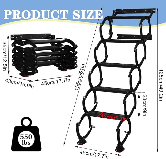 5 Steps Wall Mounted Attic Ladder, Indoor Attic Stairs Pull Down System, Metal Telescoping Step Ladders, Anti-slip Retractable Folding Stair, Loft Extension Steps Staircase for Garages(white, 5 Steps)