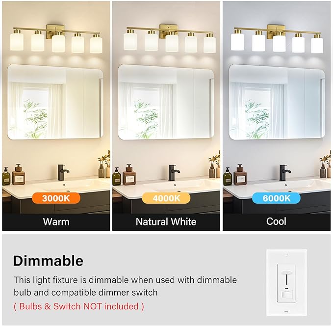 Brushed Gold Bathroom Light Fixtures, 5-Light Modern Vanity Light Over Mirror, Wall Sconces with Milky White Frosted Glass Shades, E26 Socket (Bulbs Not Included)