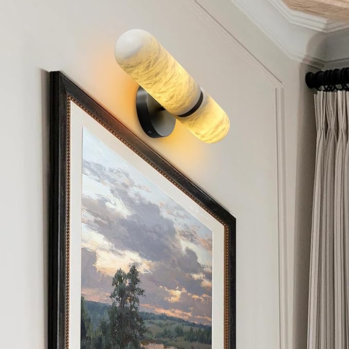 Alabaster Wall Sconces, 13in Black Alabaster Sconce, Modern Spanish Natural Marble Sconces Lights, Sconces for Bathroom Vanity Bedroom Living Room Staircases Hallway
