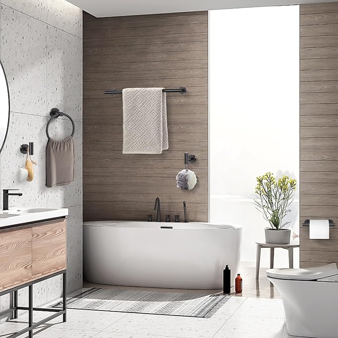 TQKAG Matte Black 5 Piece Bathroom Hardware Accessories Set 23.6" SUS304 Stainless Steel Bathroom Towel Bar Holder Sets Double Post Pivoting Toilet Paper Holder Set Wall Mounted