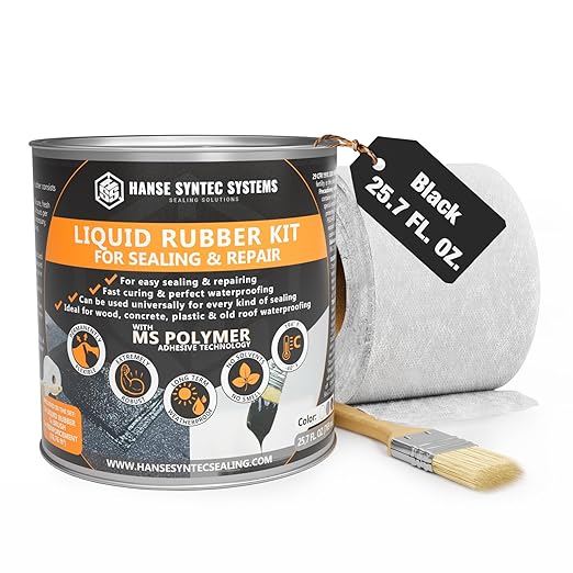 HSS Liquid Rubber KIT – MS Polymer Sealant for Roof, Cracks, Walls & Any Repairs, Solvent-Free, Flexible Liquid Membrane - incl. Reinforcement & Brush - Black - 25.7oz