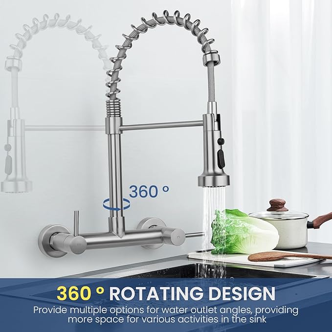 Wall Mount Kitchen Sink Faucet, 8 Inch Center Wall Mount Kitchen Faucets with 3-Function Pull Down Sprayer, Dual Handles Commercial Faucet for Kitchen Laundry Restaurant (Brushed Nickel)