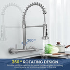 Wall Mount Kitchen Sink Faucet, 8 Inch Center Wall Mount Kitchen Faucets with 3-Function Pull Down Sprayer, Dual Handles Commercial Faucet for Kitchen Laundry Restaurant (Brushed Nickel)