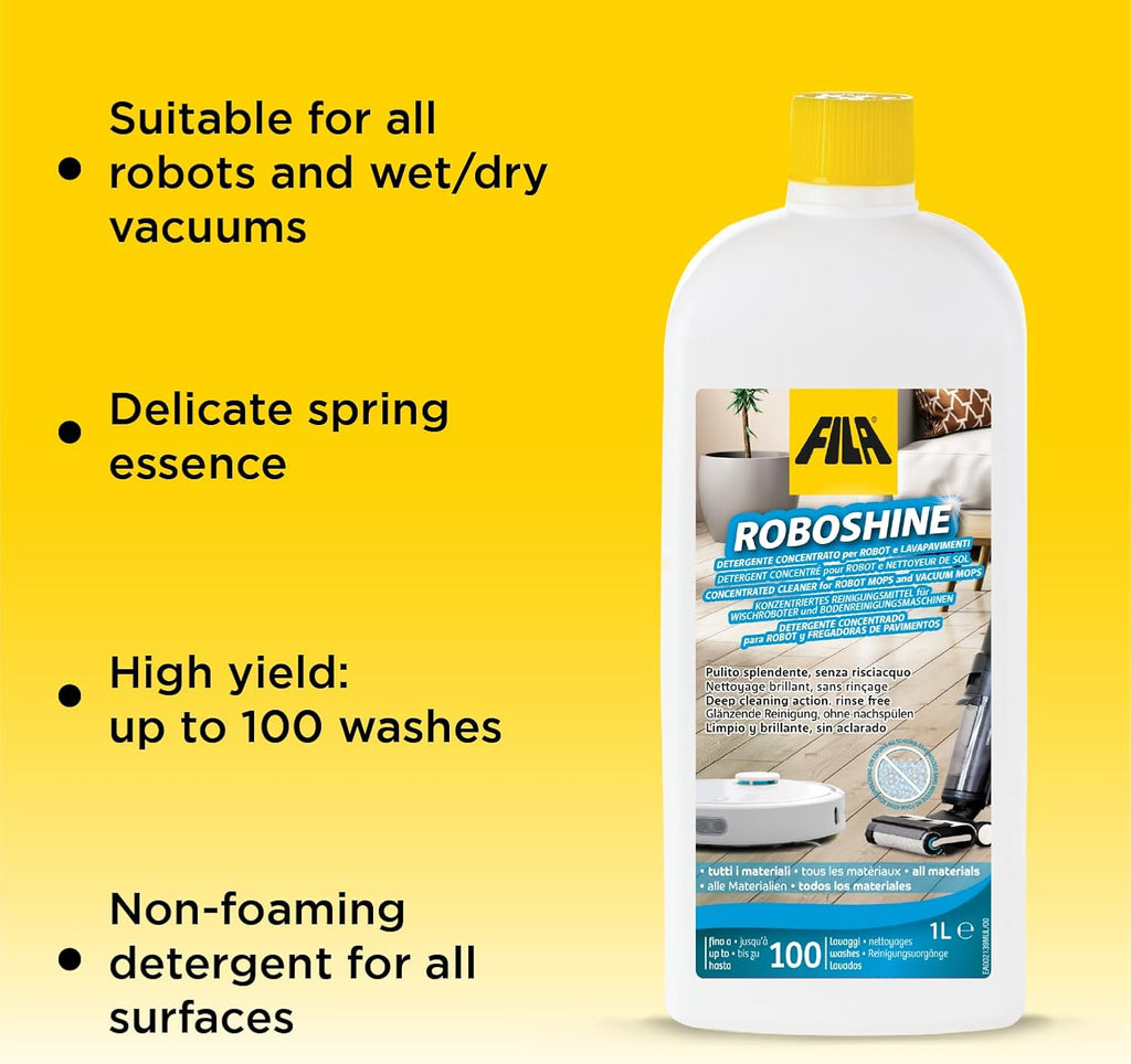 FILA Surface Care Solutions, ROBOSHINE, Detergent for All Robot Vacuum and Mop Combo and Wet Dry Vacuum Cleaner, Up to 100 Washes, Hard Floor Cleaner Mop Liquid for All Floor Tiles, 1Qt