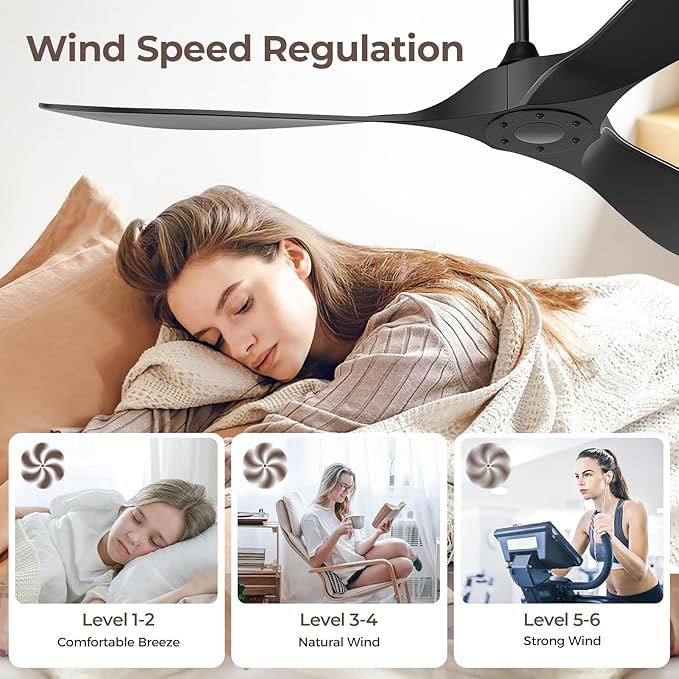 60 Inch Ceiling Fan Without Lights, Black | Outdoor Ceiling Fan with Remote, 6-Speed Adjustable Reversible DC Motor for Patio & Living Room