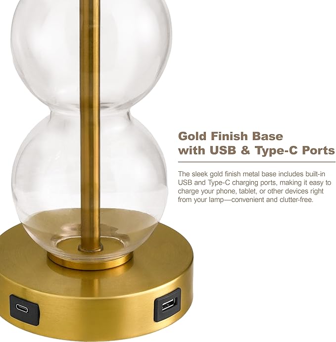 Oneach 24" Glass Table Lamps Set of 2, Gold Modern Table Lamps with USB Ports for Living Room, Linen Shade Bedside Lamps for Bedroom, Nightstand, Side Table (Bulbs not Included)