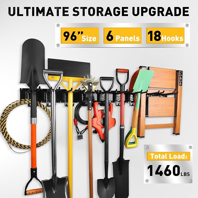 ELEAD 18-Pairs Heavy Duty Garage Tool Organizer Wall Mount Hooks, 96 Inches 1460 lbs Garden Tool Organizer with Adjustable Hooks for Garden, Yard, and Shed