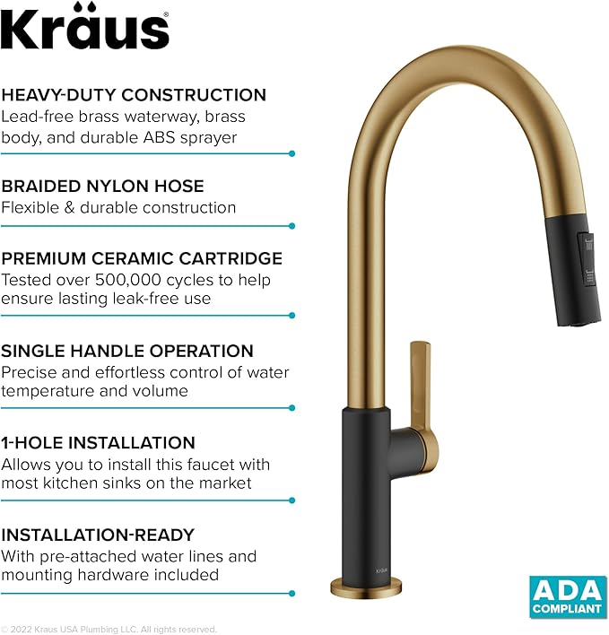 KRAUS Oletto High-Arc Single Handle Pull-Down Kitchen Sink Faucets in Brushed Brass/Matte Black, Kitchen Faucets with Pull Down Sprayer, KPF-2820BBMB