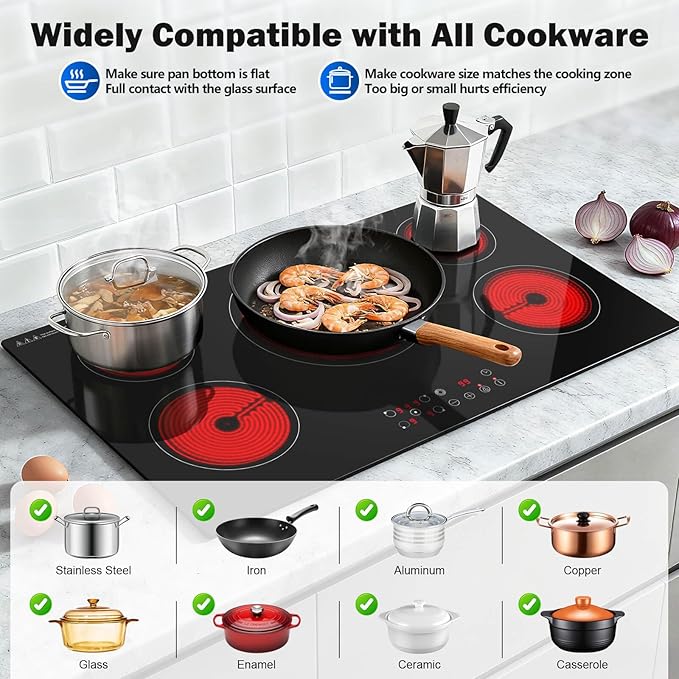 SNDOAS 36 inch Electric Cooktop,5 Burners 9000W Built-in Glass Ceramic Electric Stove Top w/Touch Control,9 Power Levels,Child Lock,Triple-Ring Zone,240V Hardwired for Kitchen Countertop 36"