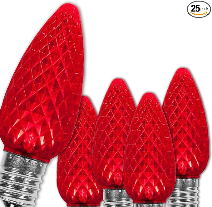 Wintergreen Lighting 25 Pack OptiCore LED Red C9 Christmas Light Bulbs - Shatterproof Valentine Lights E17 Base, Heavy Duty Polycarbonate LED Replacement Bulbs (Faceted)