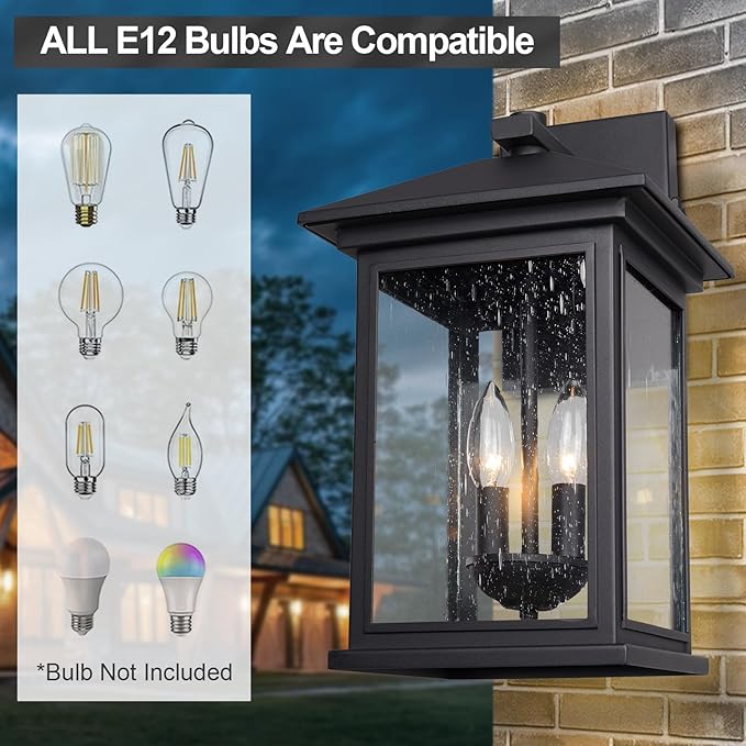 Outdoor Wall Light Fixtures, 16 Inch Waterproof Square Lanterns, 2-Light Exterior Porch Sconces Lighting with Seeded Glass Shade, Modern Black Lamps for Patio Front Door Entryway