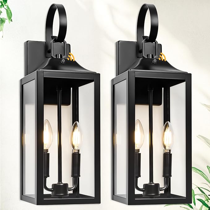 Black Dusk to Dawn Outdoor Wall Lantern 2-Light, 19" Large Outside Modern Wall Sconce Light Fixture, Industrial Porch Light Wall Mount with Glass, Waterproof Farmhouse Exterior Lamp Lighting, 2 Pack