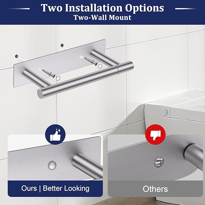 Brushed Nickel Toilet Paper Holder, Adhesive or Screw Toilet Roll Holder Wall Mount, SUS304 Stainless Steel Double Post Pivoting Toilet Roll Holder for Bathroom, Kitchen, Washroom