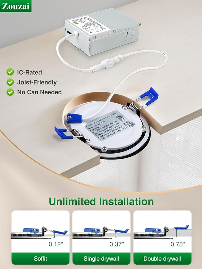 zouzai 1 Pack 6 Inch Black 5CCT Reset Ultra-Thin LED Recessed Ceiling Light with Junction Box, 2700K/3000K/3500K/4000K/5000K Selectable,12W,Dimmable- ETL and Energy Star Certified