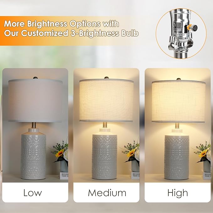 24.5" White Ceramic Table Lamp 3-Way Dimmable Nightstand with White Linen Shade Bedside Lamp for Bedrooms & Living Room Office Reading(Bulb Included)