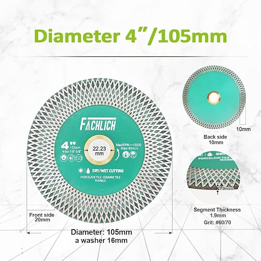 Tile Saw Blade 4" Diamond Blade 105mm for Cutting and Grinding Ceramic Tile Porcelain Marble Granite