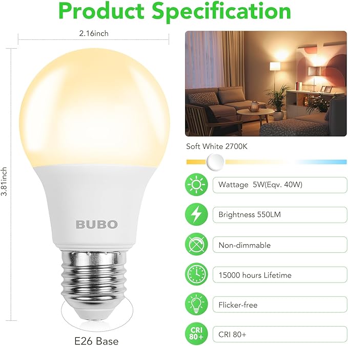 BUBO 36 Pack A19 LED Light Bulbs, 40 Watt Equivalent LED Bulbs, Soft White 2700K, 550 Lumens, E26 Standard Base, Non-Dimmable, 5W Soft White LED Bulbs for Bedroom Living Room Home Office