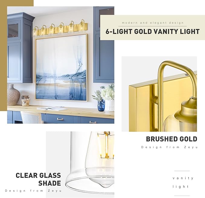 zeyu 44 Inch Brushed Gold Bathroom Light Fixtures, 6 Lights Vintage Wall Light, Modern Vanity Light with Clear Glass Shade, ZSL72B-6W BG