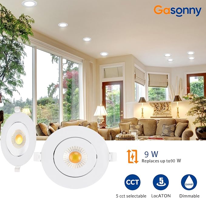 4 Inch Led Recessed lights ,Ultra-Thin Adjustable Eyeball Gimbal LED Recessed Lighting, with Junction Box 9 Watts,750lm, Dimmable geiling light ETL (2700K/3000K/3500K/4000K/5000K Option, 4pack)
