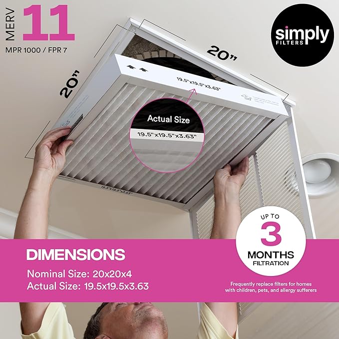 Simply 20x20x4 Air Filter, MERV 11, MPR 1000, 1 Pack, Furnace Air Filter for HVAC (Actual Size:19.5"x19.5"x3.63") DUST, Pet, & Allergy Control