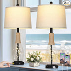 28" Tall Coastal Table Lamps Set of 2, Glass Black Modern Table Lamps with 3-Way Dimmable Touch Control Fairy Lights & Type-C Charging, Beach Nautical Bedside Lamps for Living Room Bedrooms End Table