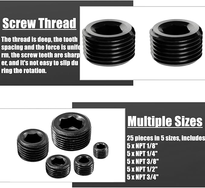 70 Pcs Black Carbon Steel Pipe Plug Fitting, 5 Sizes 1/8" 1/4" 3/8" 1/2" 3/4" NPT Male Internal Hex Thread Socket Pipe Plug Fitting Assortment Kit